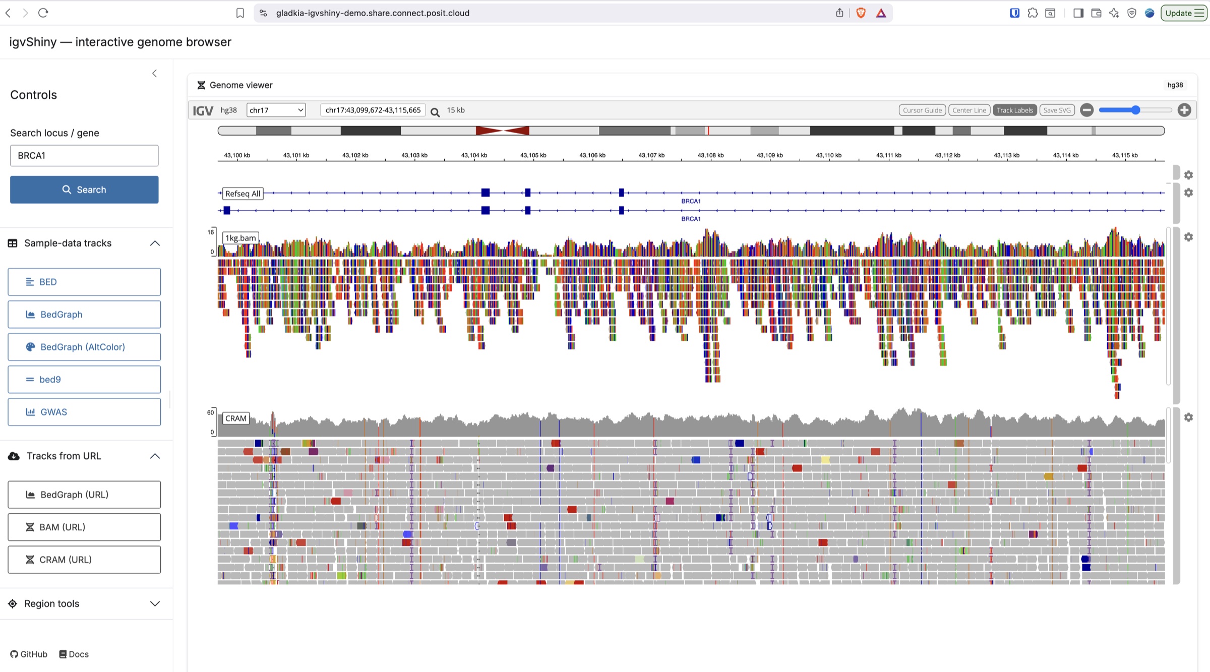 igvShiny demo — BAM and CRAM alignment tracks over BRCA1 (chr17) shown as stacked panels in the embedded IGV browser, alongside the bslib control sidebar
